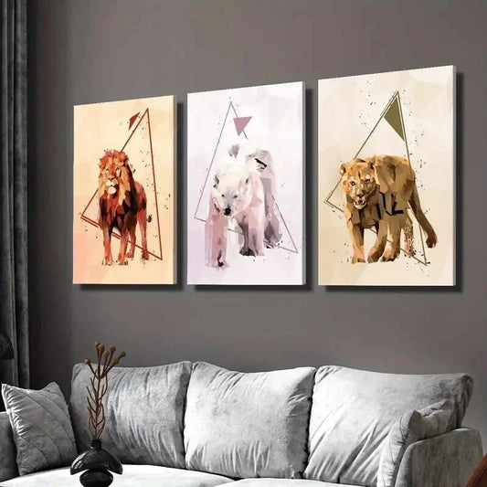 3pcs Abstract Geometric Lion Bear Animal Wall Art Set Canvas Framed 40x60cm - High Quality Print 100% Australian Made Wall Canvas Ready to Hang