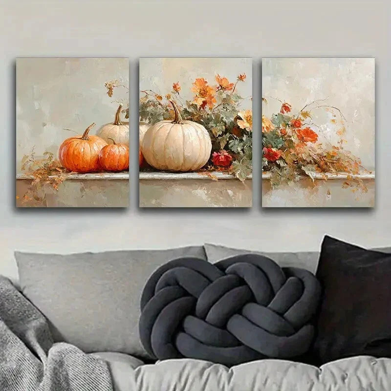 3pcs Paintings of pumpkins and flowers Metal Print Ready to Hang Art