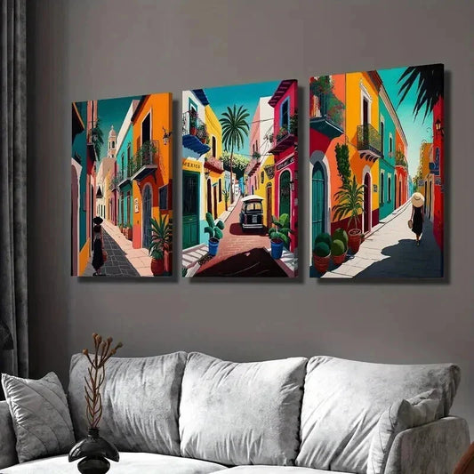 3pcs Colorful Retro Mexican Street Wall Art Set Canvas Framed 40x60cm - High Quality Print 100% Australian Made Wall Canvas Ready to Hang