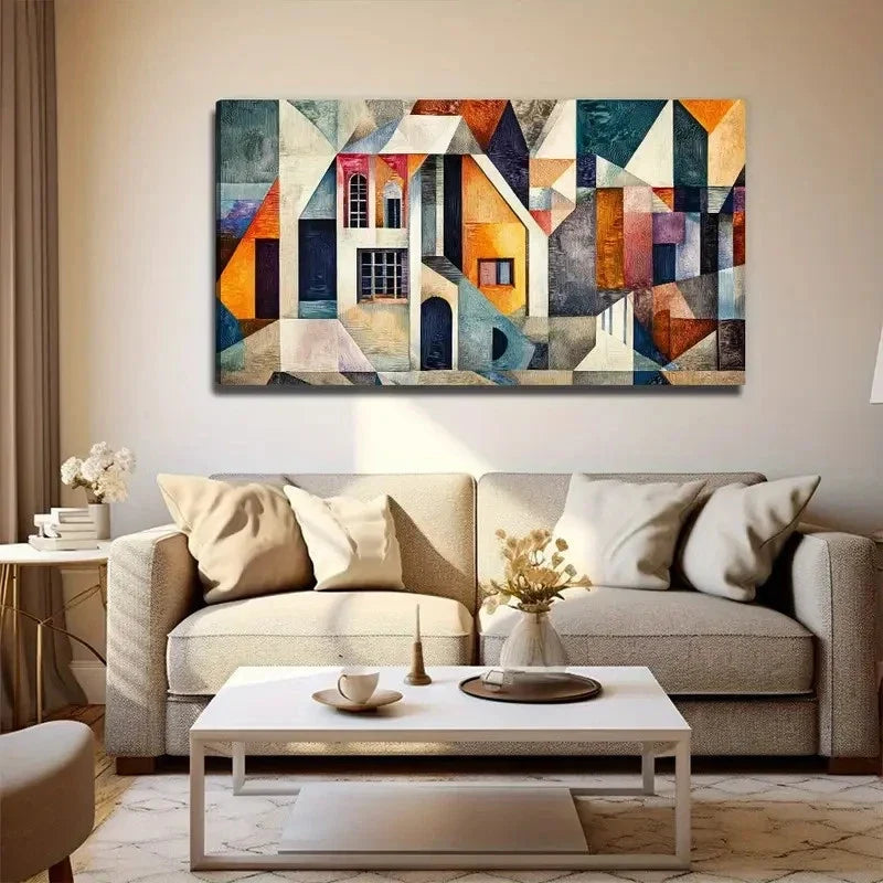 Cubist House Decoration Wall Art Canvas Office Home Room Framed 80x45cm