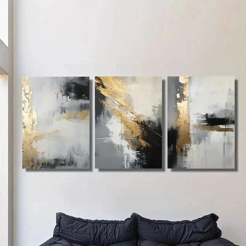 3pcs Golden Black Textured Abstract Wall Art Set Canvas Framed 40x60cm - High Quality Print 100% Australian Made Wall Canvas Ready to Hang
