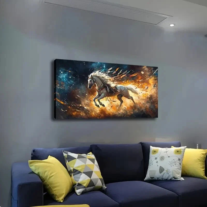Vibrant White Horse Colorful Wall Art Canvas Office Home Room Framed 80x45cm