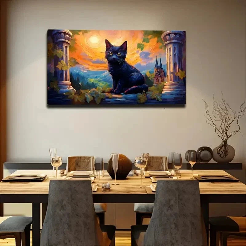 Magical Black Cat Sunset Wall Art Canvas Office Home Room Framed 120x60cm