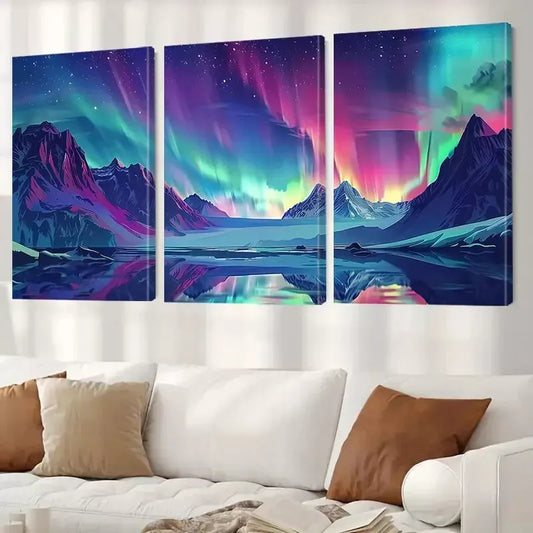 3pcs Decorative Aurora Borealis Icy Mountains Wall Art Set Canvas Framed 40x60cm - High Quality Print 100% Australian Made Wall Canvas Ready to Hang