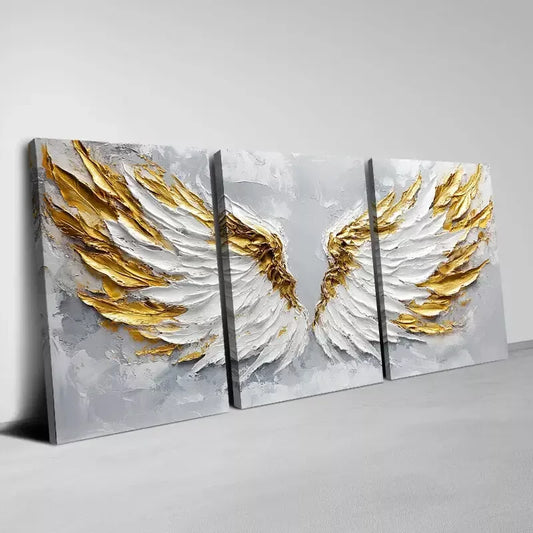 3pcs White Wings Textured Golden Accents Wall Art Set Canvas  Framed 40x60cm - High Quality Print 100% Australian Made Wall Canvas Ready to Hang