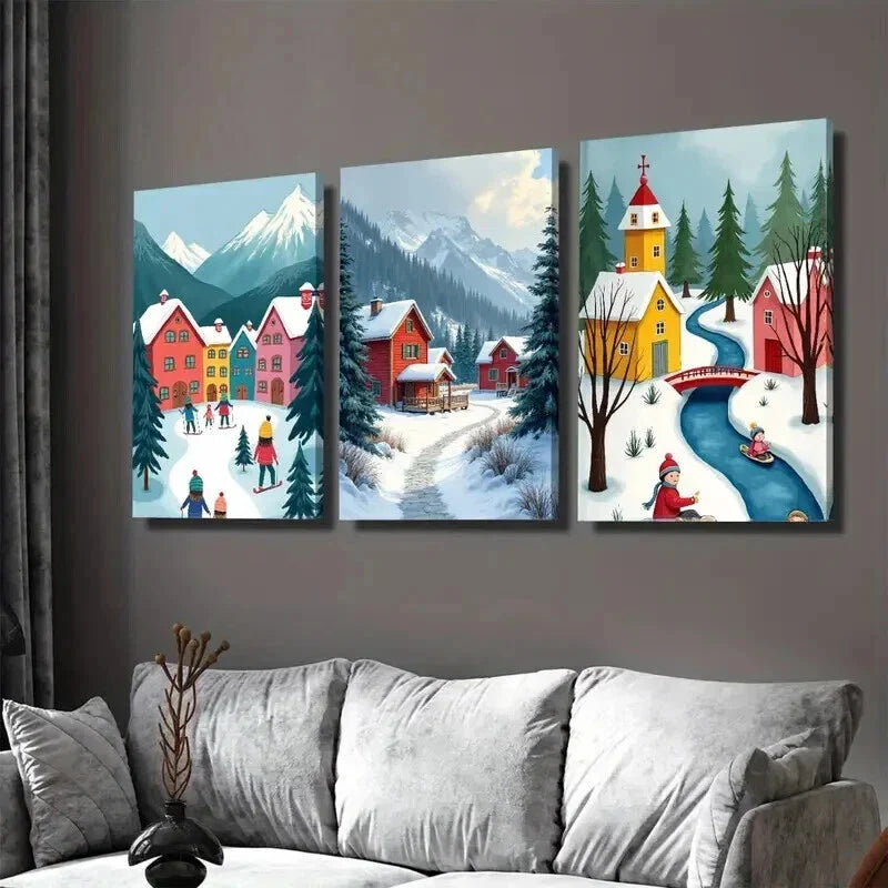 3pcs Village Triptych Vibrant Snowy Mountain Wall Art Set Canvas Framed 40x60cm - High Quality Print 100% Australian Made Wall Canvas Ready to Hang