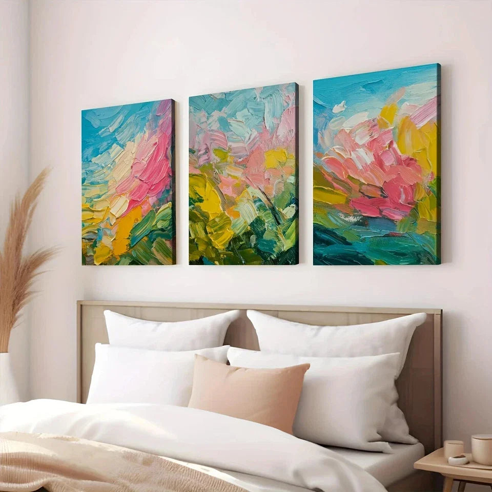 3pcs Abstract Art Blue Pink Yellow Nature Wall Art Set Canvas Framed 40x60cm - High Quality Print 100% Australian Made Wall Canvas Ready to Hang