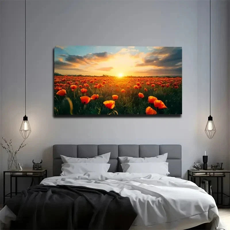 Blooming Orange Poppy Wall Art Canvas Office Home Room Framed 120x60cm
