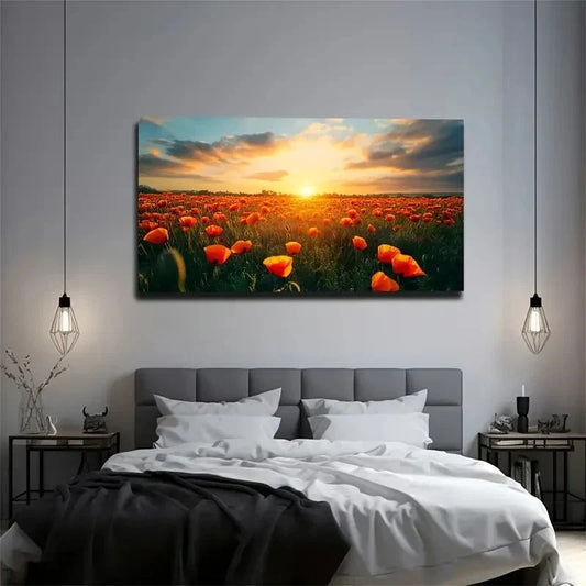 Blooming Orange Poppy Wall Art Canvas Office Home Room Framed 120x60cm