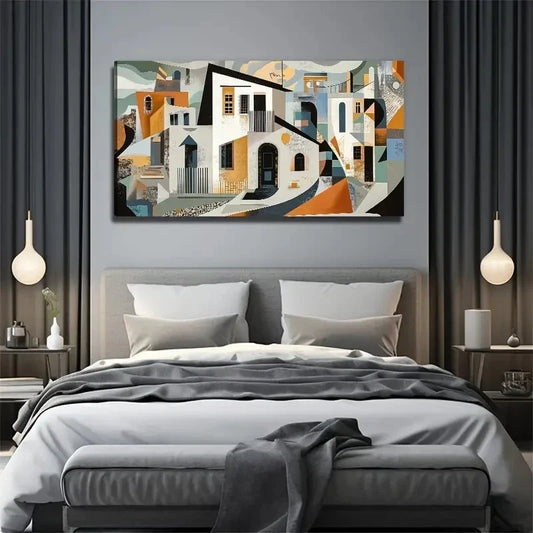 Abstract Cubist Cityscape Wall Art Canvas Office Home Room Framed 80x45cm
