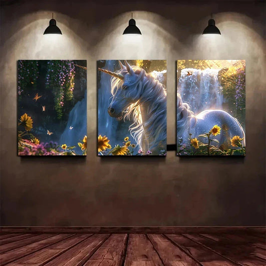3pcs Beautiful Unicorn Standing Around a Waterfall Metal Print Ready to Hang Art