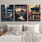 3pcs Japanese Night Shop & Retro Cherry Blossom Wall Art Set Canvas Framed 40x60cm - High Quality Print 100% Australian Made Wall Canvas Ready to Hang