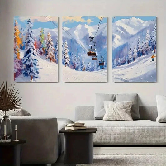 3pcs Winter Ski Resort Landscape, Scenic Snowy Metal Print Ready to Hang Art