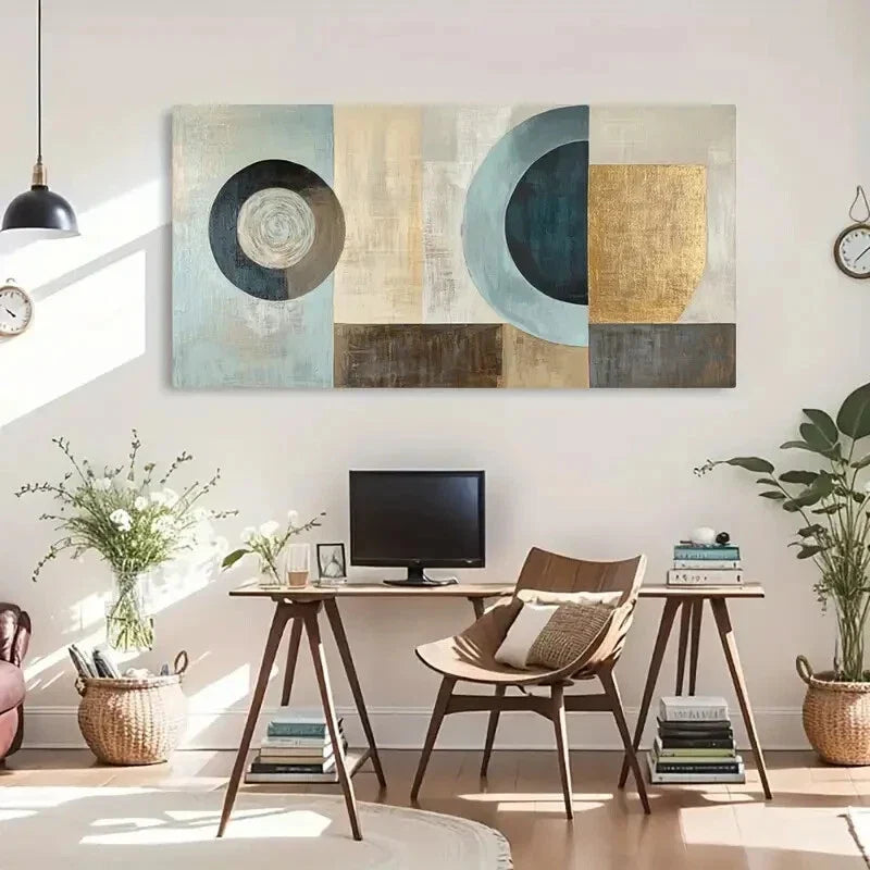 Neutral Tones Golden Accents Wall Art Canvas Office Home Room Framed 80x45cm
