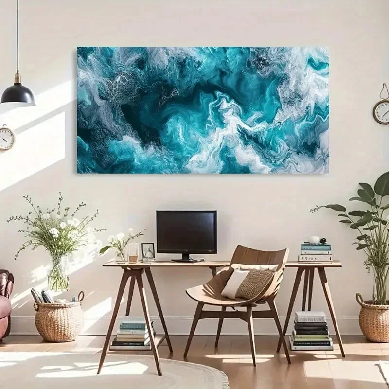 Abstract Blue Tones Dynamic Wall Art Canvas Office Home Room Framed 80x45cm