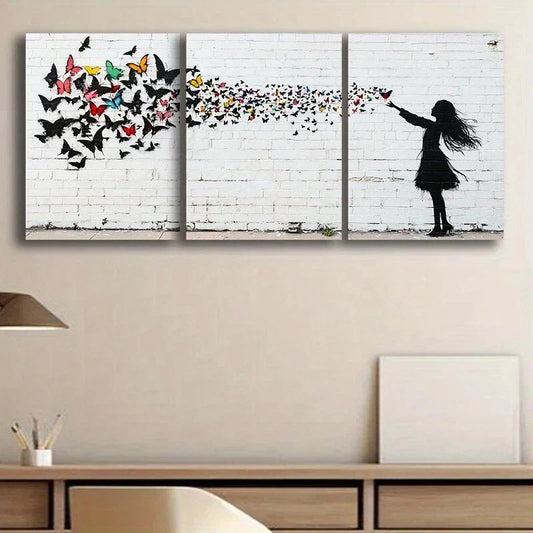 3pcs Small Girl Colourful Butterflies Metal Print Ready to Hang Art