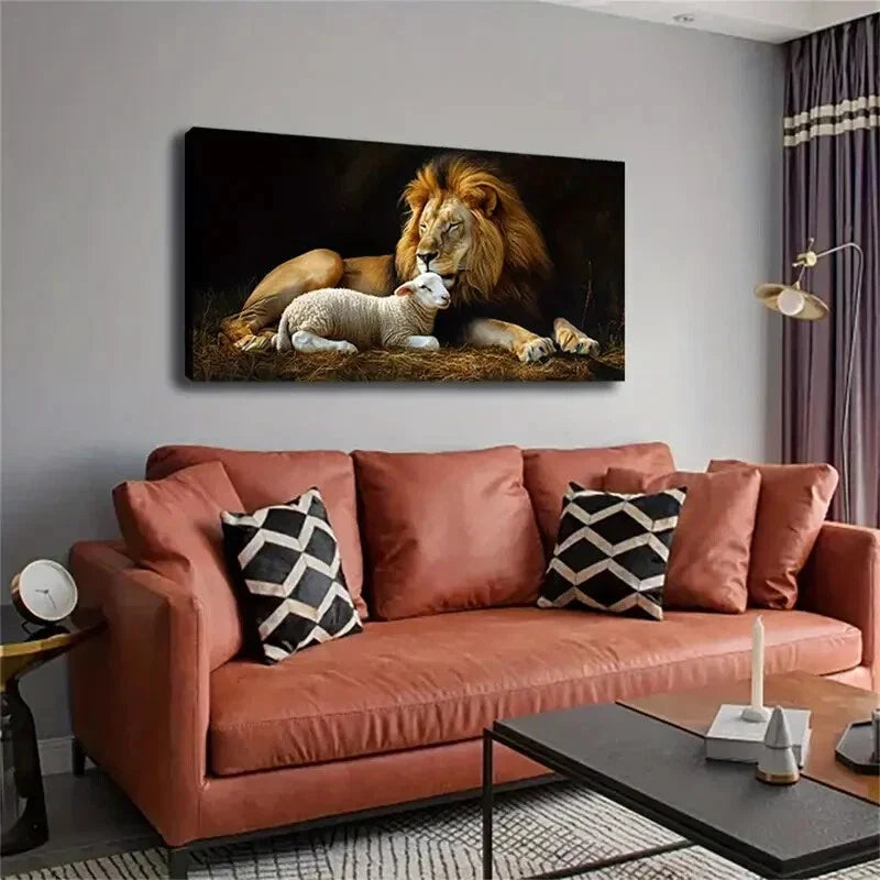 Realistic Lion and Lamb Scene Wall Art Canvas Office Home Room Framed 80x45cm