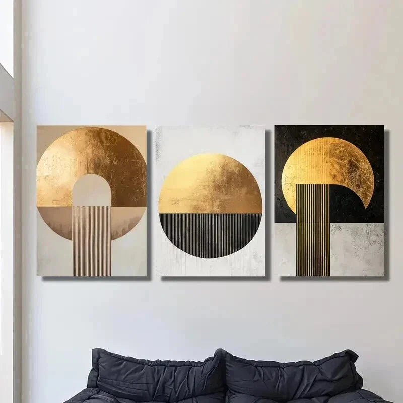 3pcs Golden and Copper Geometric Abstract Wall Art Set Canvas Framed 40x60cm - High Quality Print 100% Australian Made Wall Canvas Ready to Hang