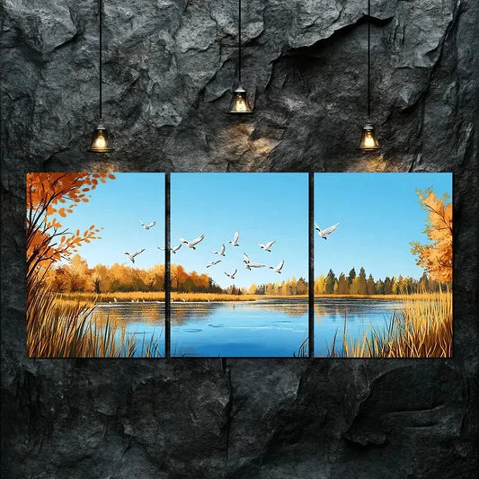 3pcs Nature's Beauty Blue Lake Birds Perfect Wall Art Set Canvas Framed 40x60cm - High Quality Print 100% Australian Made Wall Canvas Ready to Hang