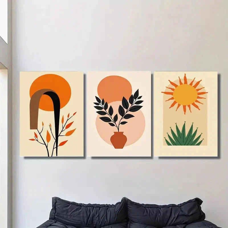 3pcs Modern Abstract Boho Style Sun Metal Print Ready to Hang Art