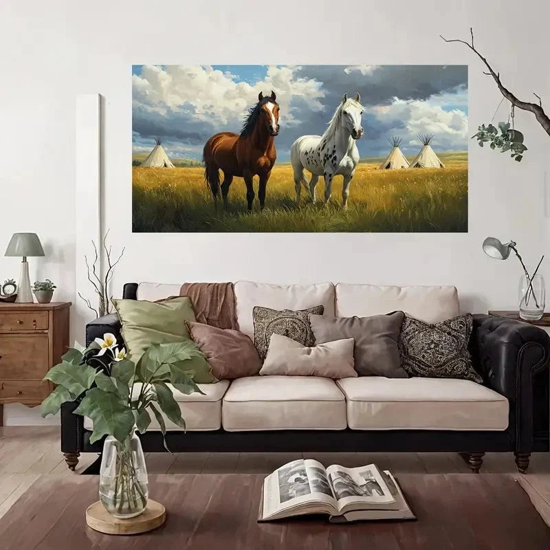American Horse Teepee Landscape Wall Art Canvas Office Home Room Framed 120x60cm