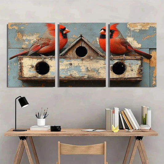 3pcs Farmhouse Cardinal Birds on Birdhouse Metal Print Ready to Hang Art