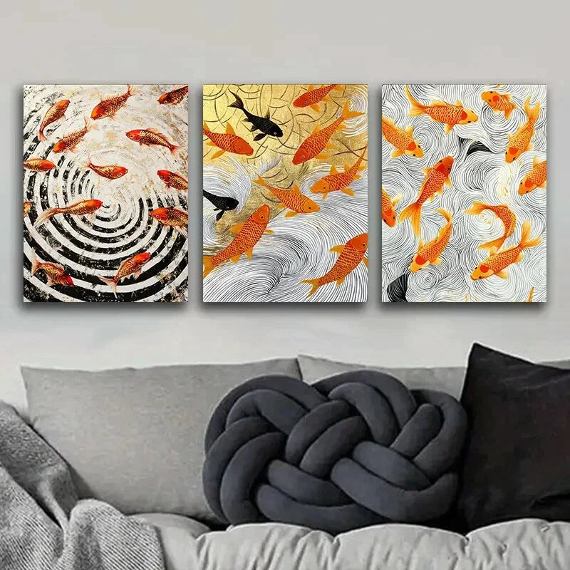 3pcs Goldfish Vortex Design Orange Perfect Wall Art Set Canvas Framed 40x60cm - High Quality Print 100% Australian Made Wall Canvas Ready to Hang