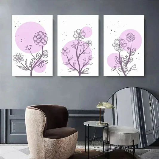 3pcs Minimalist Purple Floral Line Art with Pink Metal Print Ready to Hang Art