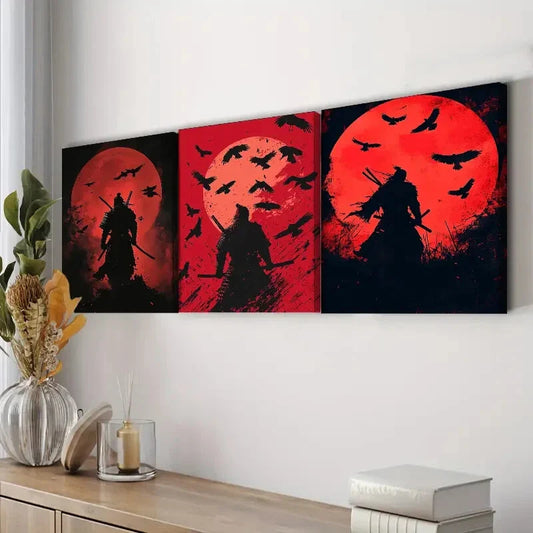 3pcs Japanese Samurai Silhouette Red Waterproof Wall Art Set Canvas Framed 40x60cm - High Quality Print 100% Australian Made Wall Canvas Ready to Hang