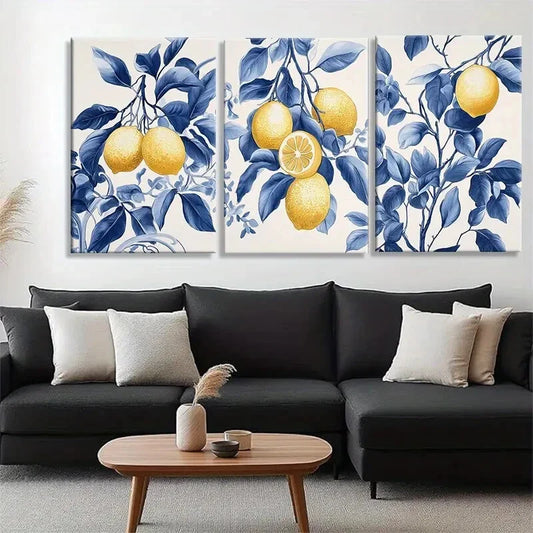 3pcs Lemon and Blue Leaf Yellow Lemon Perfect Wall Art Set Canvas Framed 40x60cm - High Quality Print 100% Australian Made Wall Canvas Ready to Hang