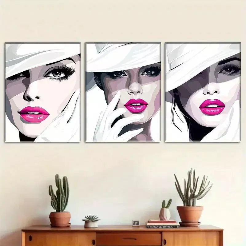 3pcs  Stylish Fashionista Faces Triptych Wall Art Set Canvas Framed 40x60cm - High Quality Print 100% Australian Made Wall Canvas Ready to Hang