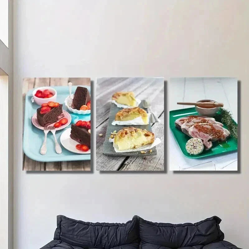 3pcs Chocolate Cake and Pork Chop Wall Art Set Canvas Framed 40x60cm - High Quality Print 100% Australian Made Wall Canvas Ready to Hang