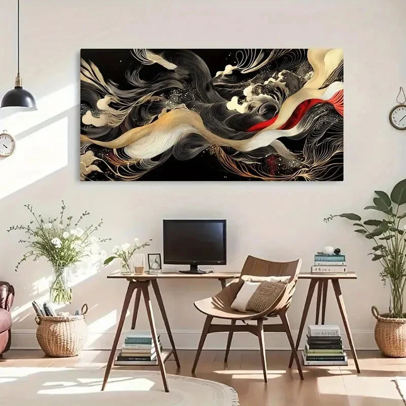 Vibrant Swirling Design Golden Wall Art Canvas Office Home Room Framed 120x60cm