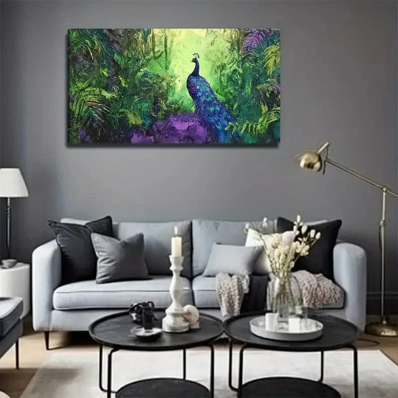 Vibrant Peacock In Green Forest Wall Art Canvas Office Home Room Framed 80x45cm