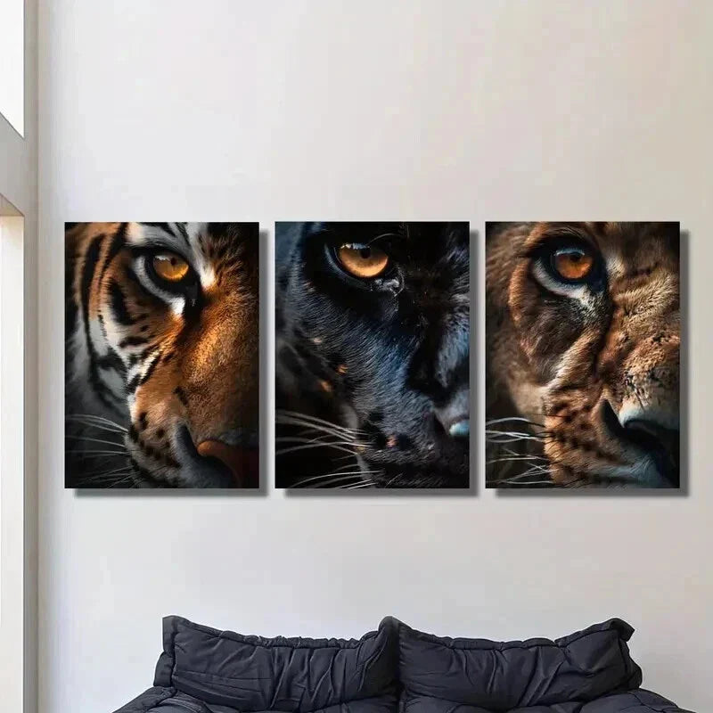 3pcs Close Up of Tiger Panther and Lion Eyes Wall Art Set Canvas Framed 40x60cm - High Quality Print 100% Australian Made Wall Canvas Ready to Hang