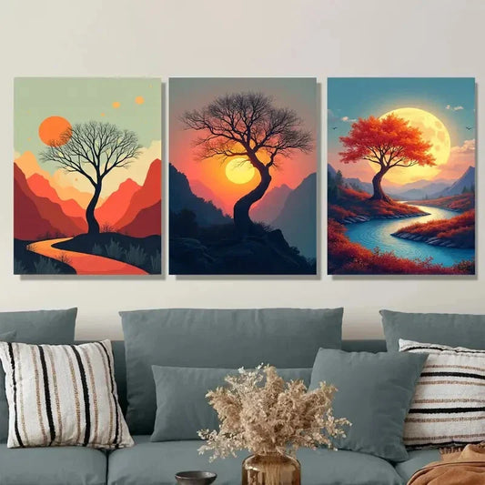 3pcs Vibrant Sunset Trees And Mountain beautiful Wall Art Set Canvas Framed 40x60cm - High Quality Print 100% Australian Made Wall Canvas Ready to Hang