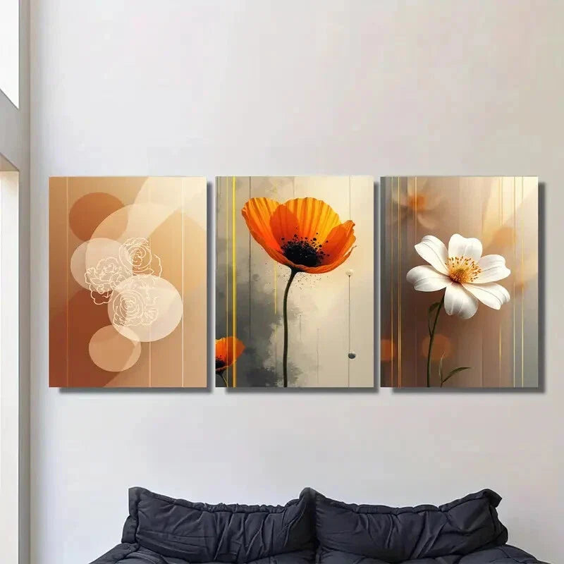3pcs Modern Abstract Floral Orange & White Metal Print Ready to Hang Art