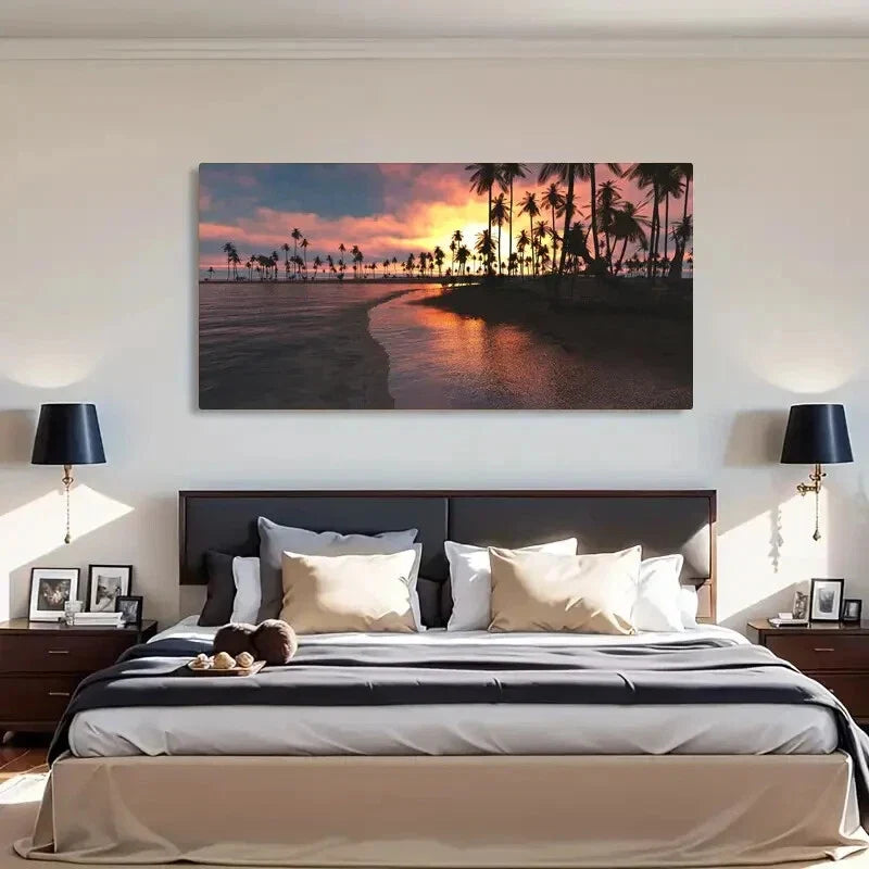Palm Trees Sunset Seaside Wall Art Canvas Office Home Room Framed 80x45cm
