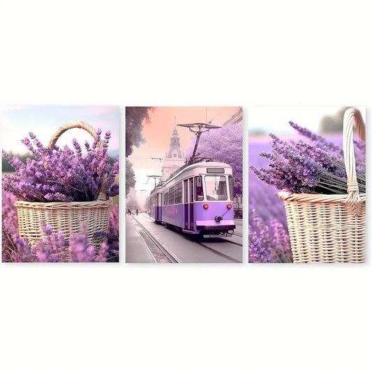 3pcs Purple Lavender Flower & Train Vibrant Metal Print Ready to Hang Art