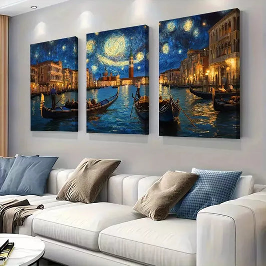 3pcs dreamy deep blue Starry Night in Venice Wall Art Set Canvas Framed 40x60cm - High Quality Print 100% Australian Made Wall Canvas Ready to Hang