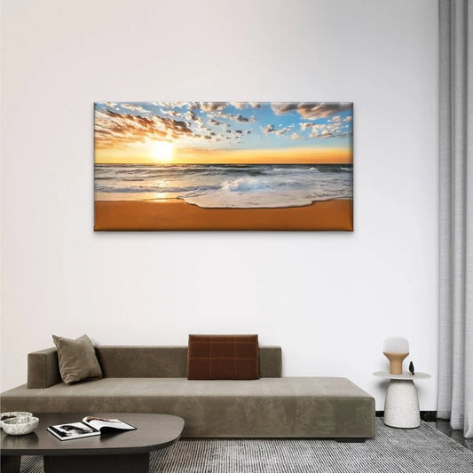 The Beach Sun Falls Nature Wall Art Canvas Office Home Room Framed 80x45cm