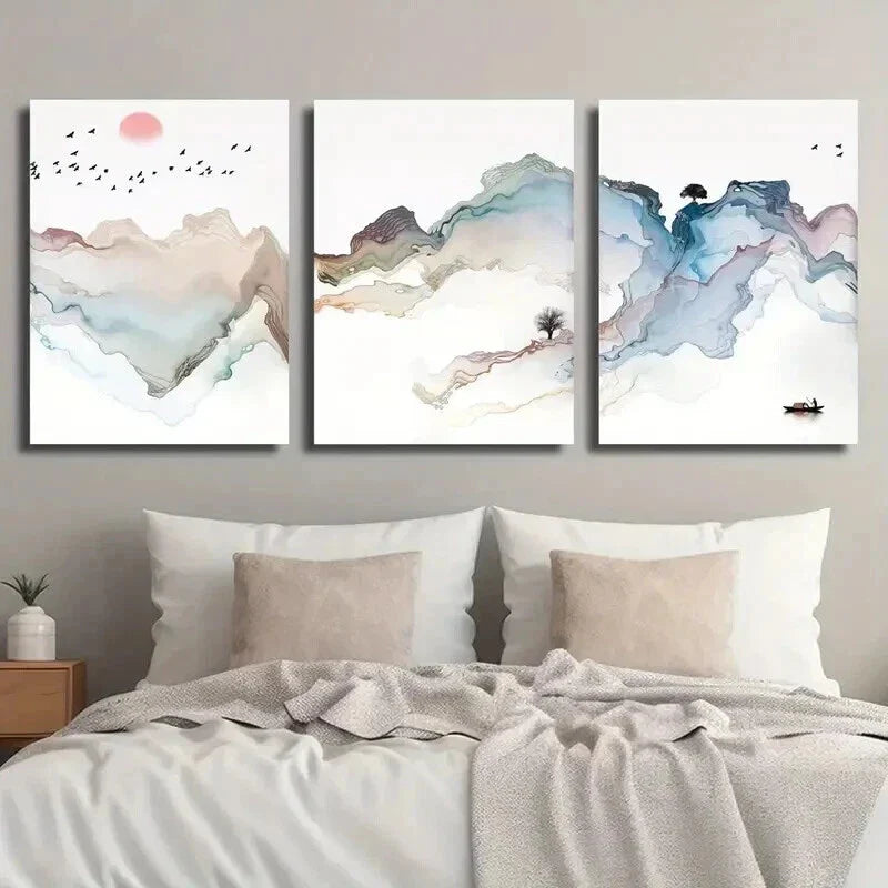 3pcs Mountain & River Design with Sunset Wall Art Set Canvas Framed 40x60cm - High Quality Print 100% Australian Made Wall Canvas Ready to Hang