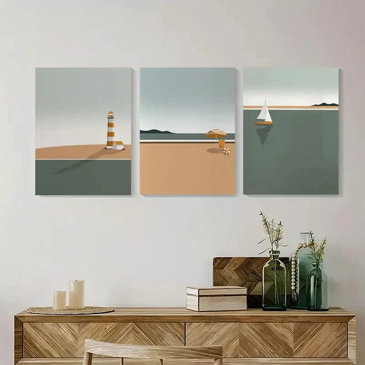 3pcs Lighthouse, Sailboat, And Ocean Minimalist Metal Print Ready to Hang Art
