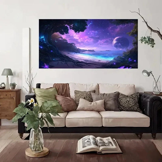 Fantasy Beach Night Sky Wall Art Canvas Office Home Room Framed 80x45cm