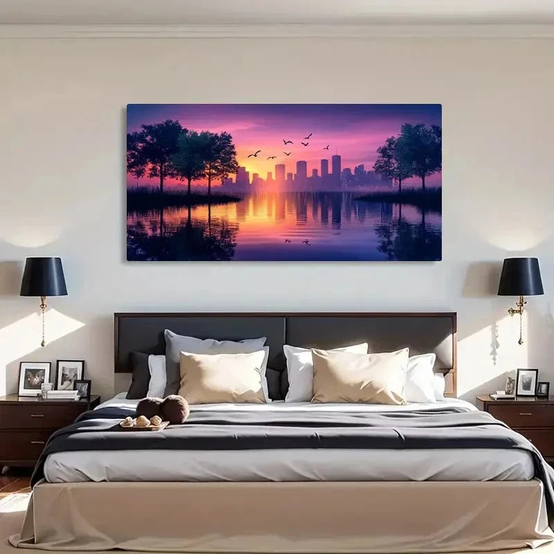 Pink Purple City Skyline Lands Wall Art Canvas Office Home Room Framed 120x60cm