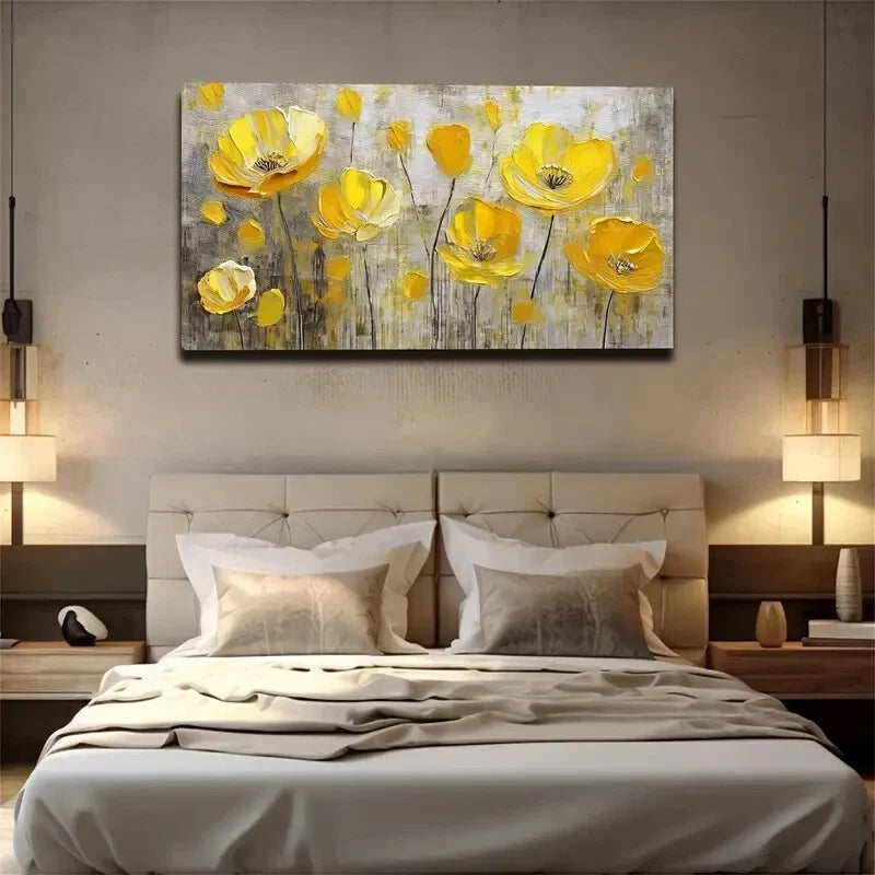 Yellow Flowers Gray Background Wall Art Canvas Office Home Room Framed 120x60cm