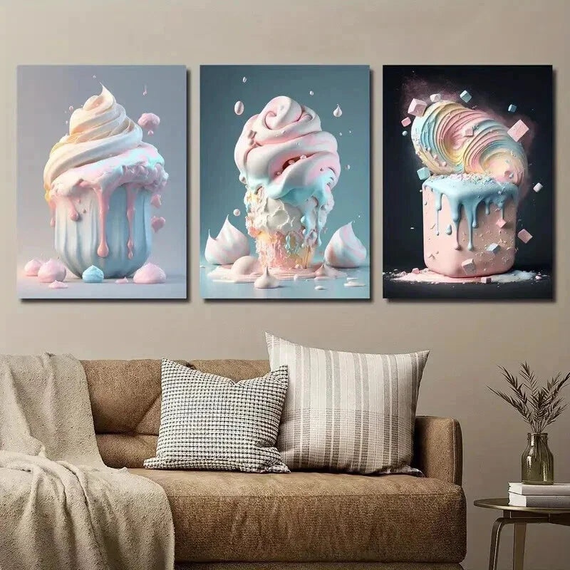 3pcs Summer Macaron Color Popsicle Ice Cream Wall Art Set Canvas Framed 40x60cm - High Quality Print 100% Australian Made Wall Canvas Ready to Hang