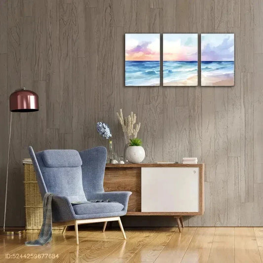 3pcs  Pastel Ocean Sunset Watercolor Style Metal Print  Ready to Hang Art