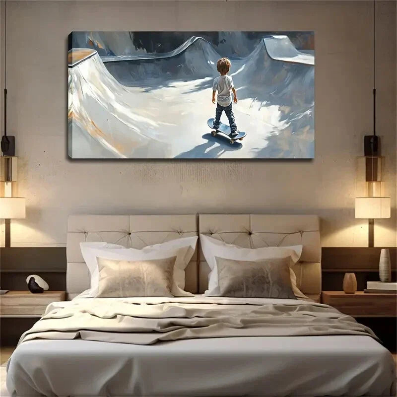 A Little Boy Is Skateboarding Wall Art Canvas Office Home Room Framed 120x60cm