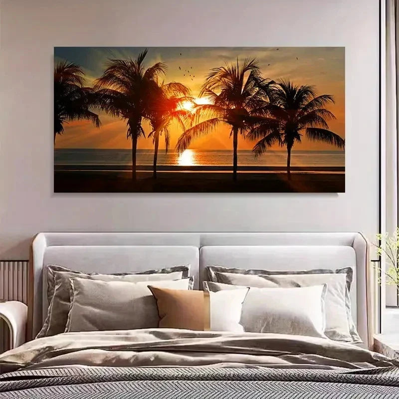 Palm Tree Silhouette Sea Wall Art Canvas Office Home Room Framed 80x45cm